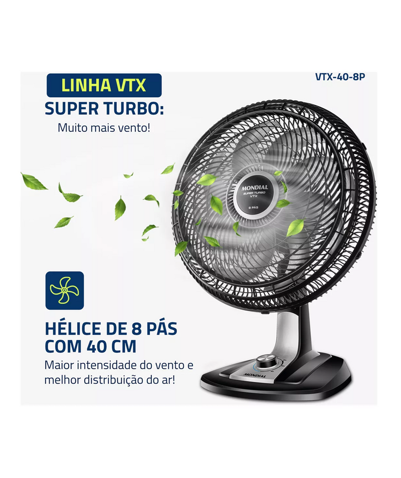 Ventilador 40cm Super Turbo 8 Pás, Mondial, Preto/Prata - VTX-40-8P